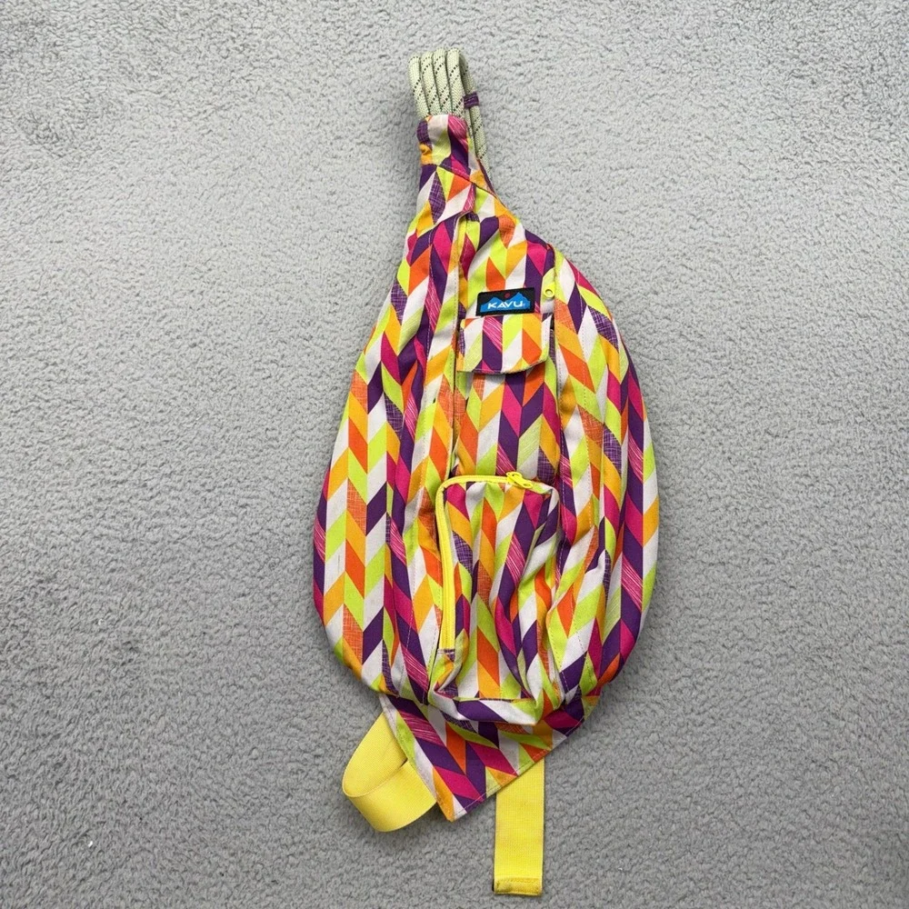 KAVU Sling Bag Funky Geometric Pattern Purple Orange Yellow White Crossbody Bag